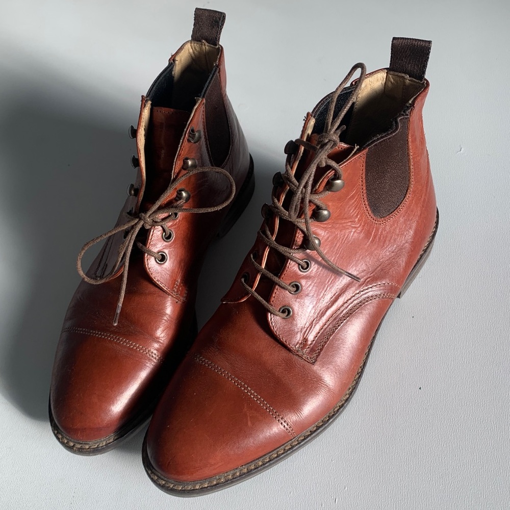 Vintage Rich Cognac Leather Lace Up Ankle Boots